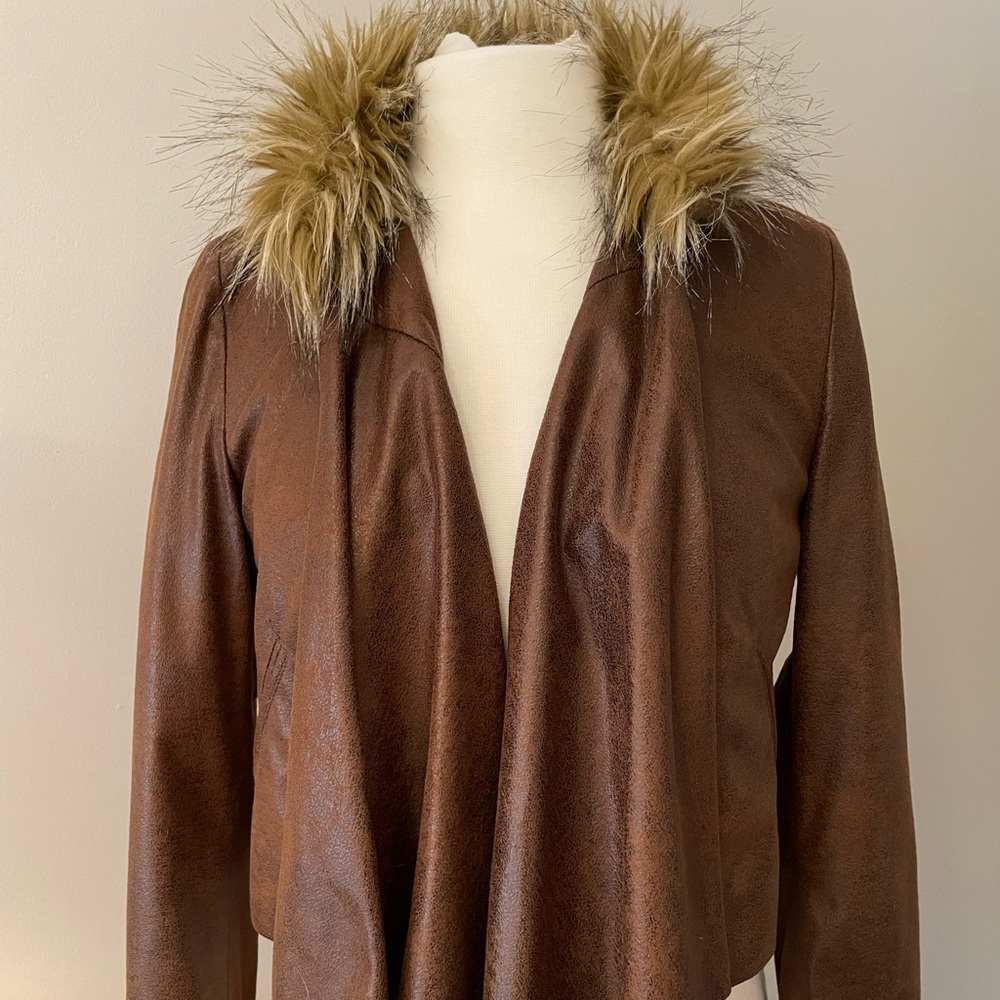 INC International Concepts faux fur and leather cropped jacket, size Small